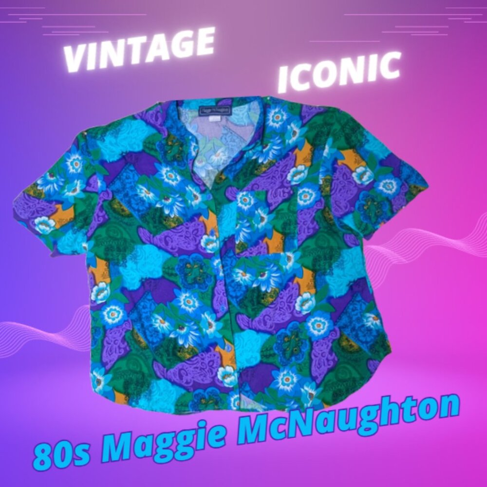 80s Vintage Maggie McNaughton blue/purple floral button down shirt, size 16W